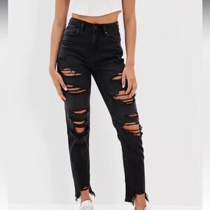 American Eagle Black Distressed Strigid Mom Jeans with Frayed Hem and High Waist